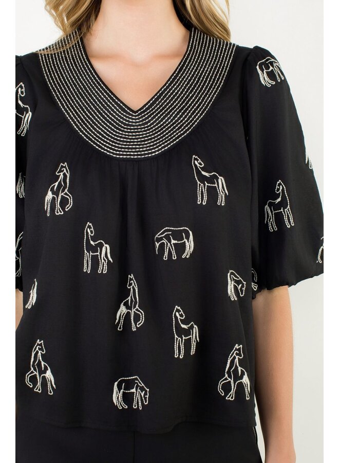 Puff Sleeve Embroidered Horse Detail Top Black & White