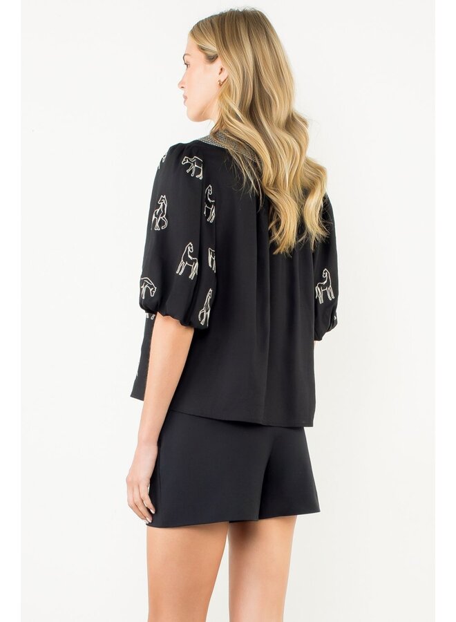Puff Sleeve Embroidered Horse Detail Top Black & White