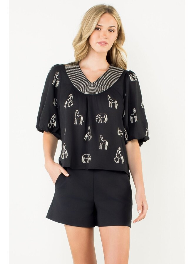 Puff Sleeve Embroidered Horse Detail Top Black & White