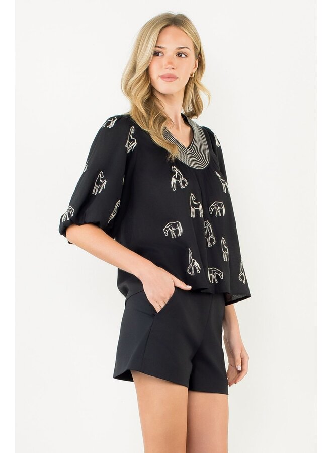 Puff Sleeve Embroidered Horse Detail Top Black & White