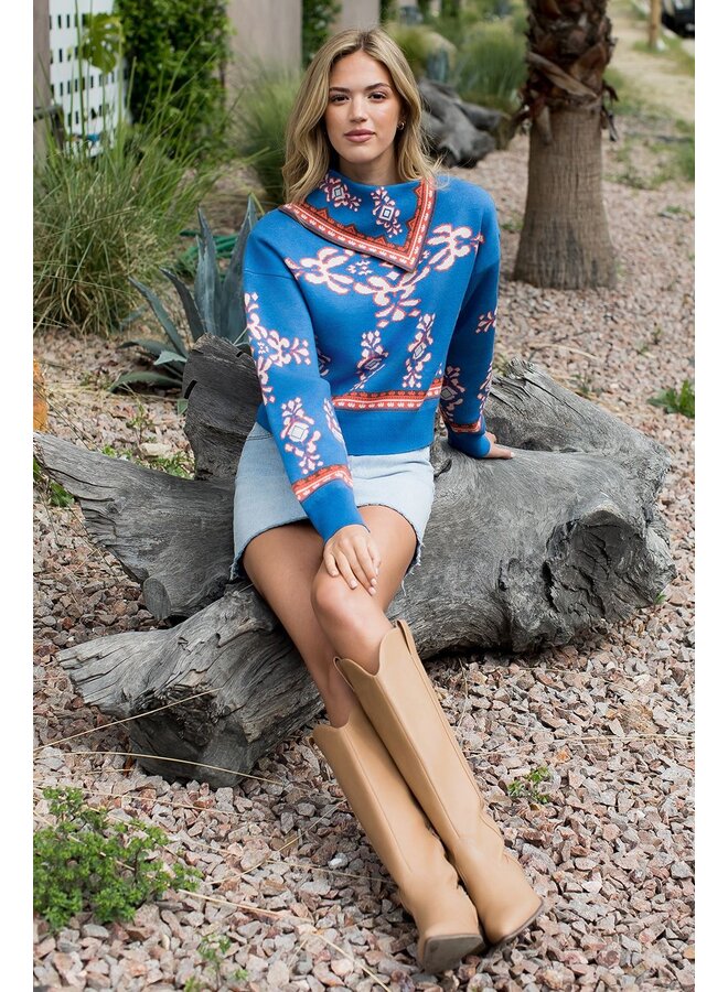 Long Sleeve Print Sweater Blue