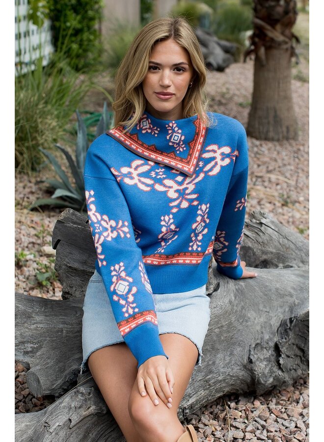 Long Sleeve Print Sweater Blue
