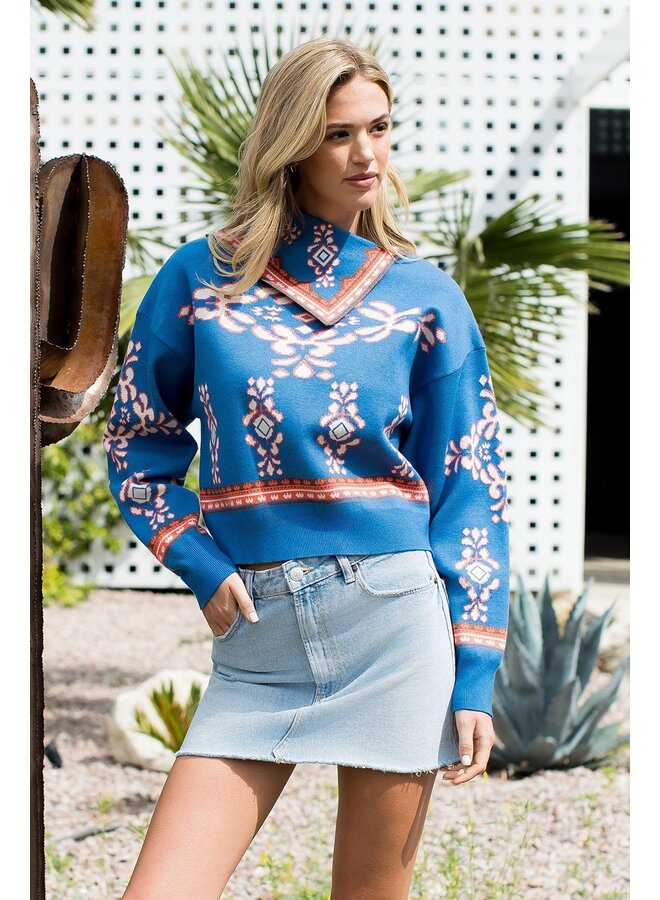 Long Sleeve Print Sweater Blue