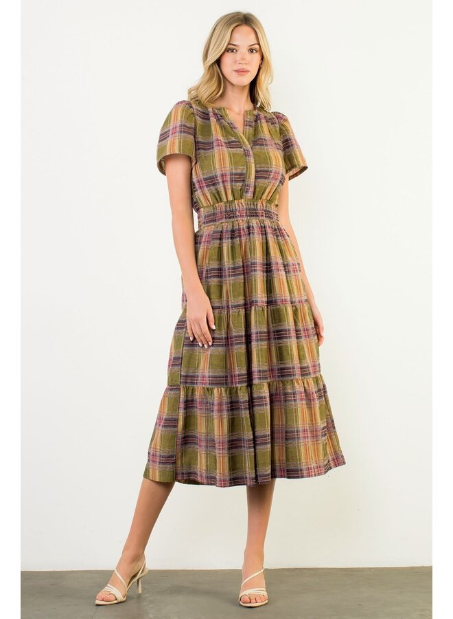 Short Sleeve Tiered Maxi Dress Plaid