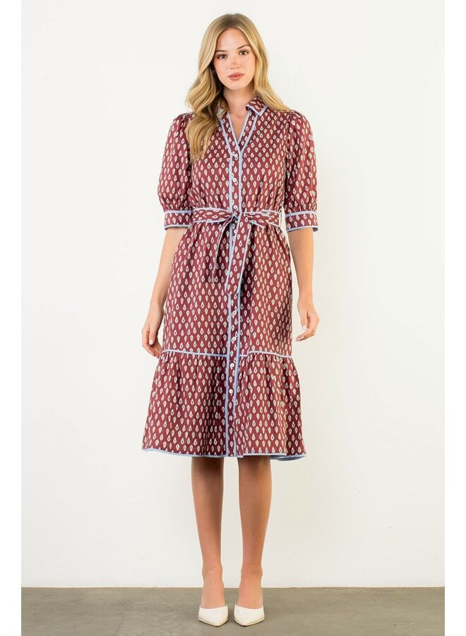 Puff Sleeve Print Midi Dress
