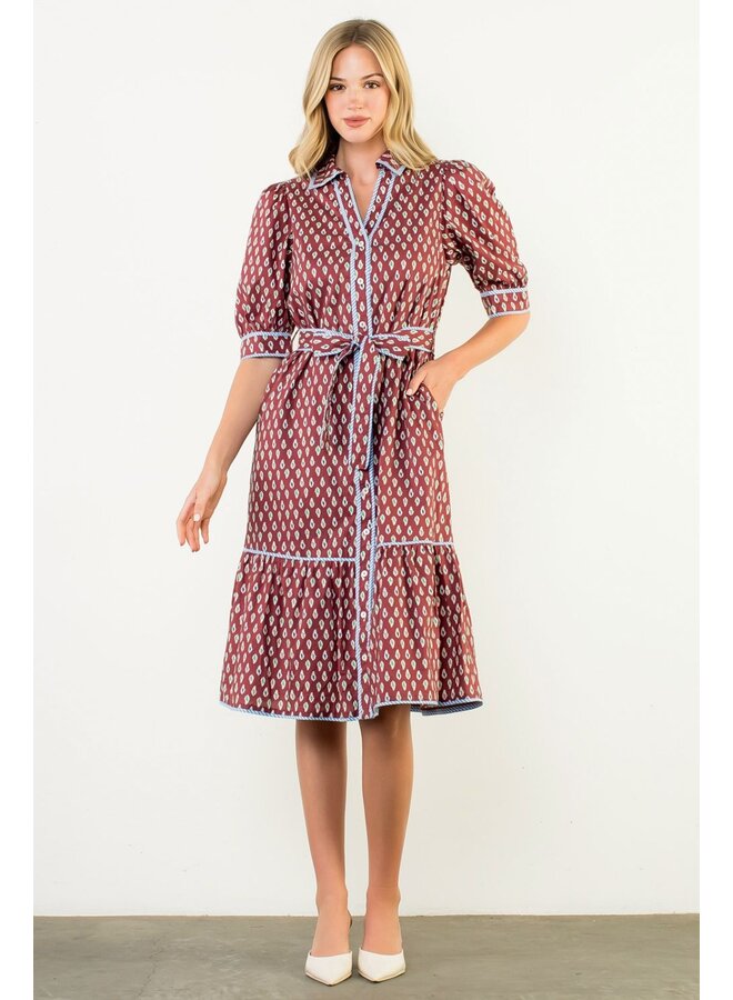 Puff Sleeve Print Midi Dress