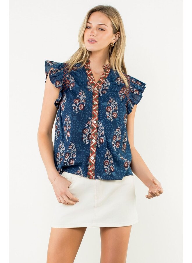 Flutter Sleeve Floral Print V-Neck Top