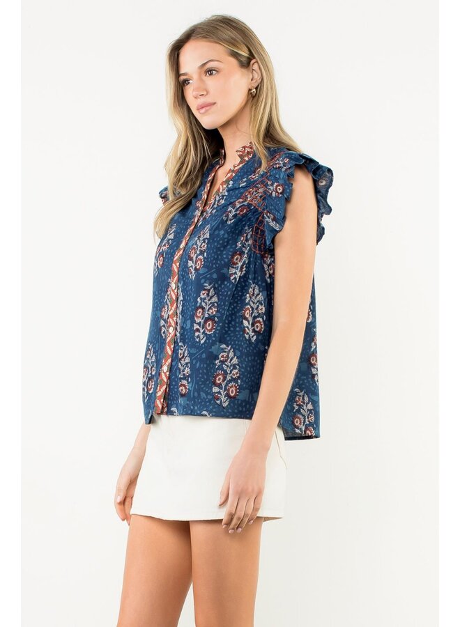 Flutter Sleeve Floral Print V-Neck Top