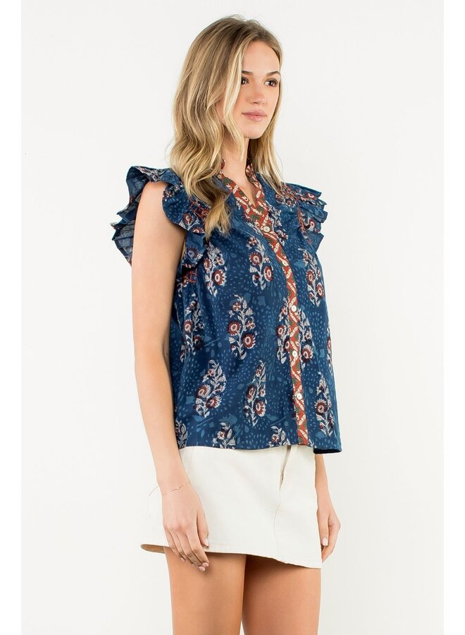 Flutter Sleeve Floral Print V-Neck Top