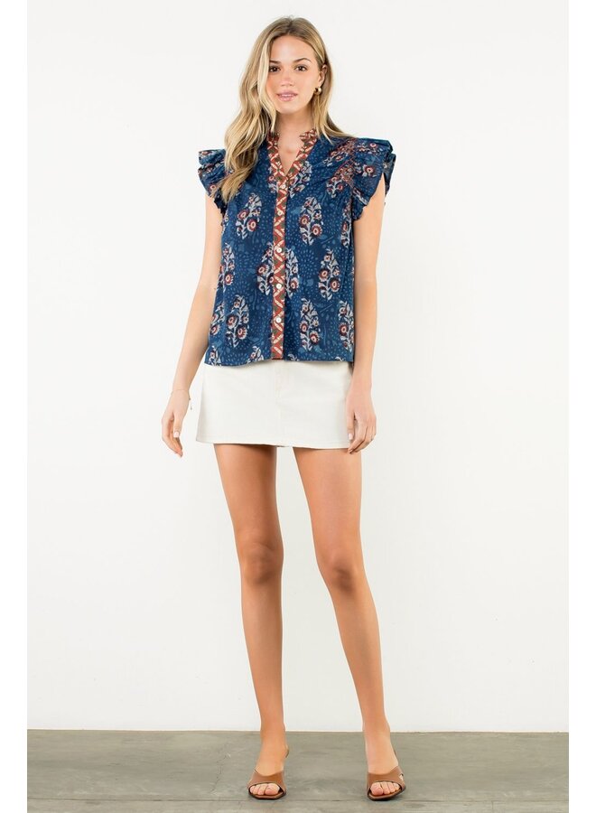 Flutter Sleeve Floral Print V-Neck Top