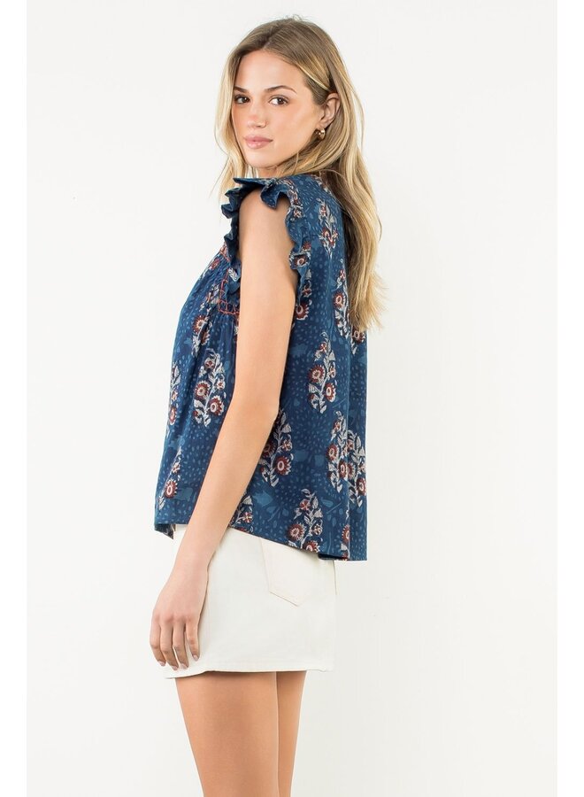 Flutter Sleeve Floral Print V-Neck Top