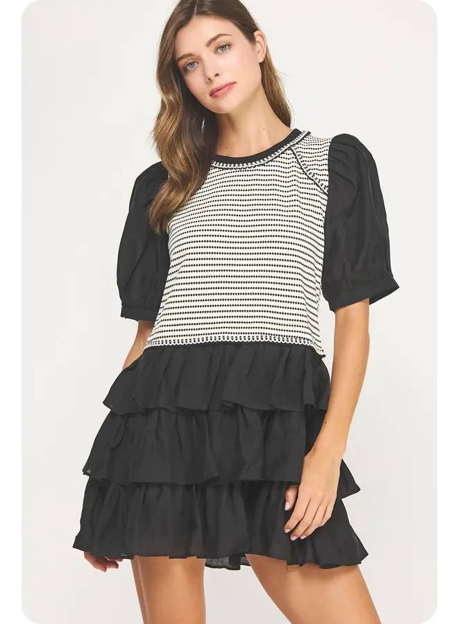 Edge Trim Puff Sleeve Striped Knit Mini Dress Cream/Black