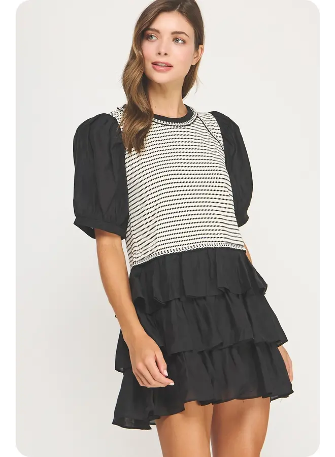 Edge Trim Puff Sleeve Striped Knit Mini Dress Cream/Black