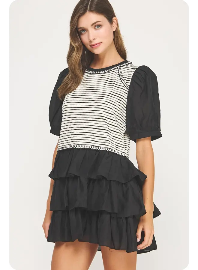 Edge Trim Puff Sleeve Striped Knit Mini Dress Cream/Black