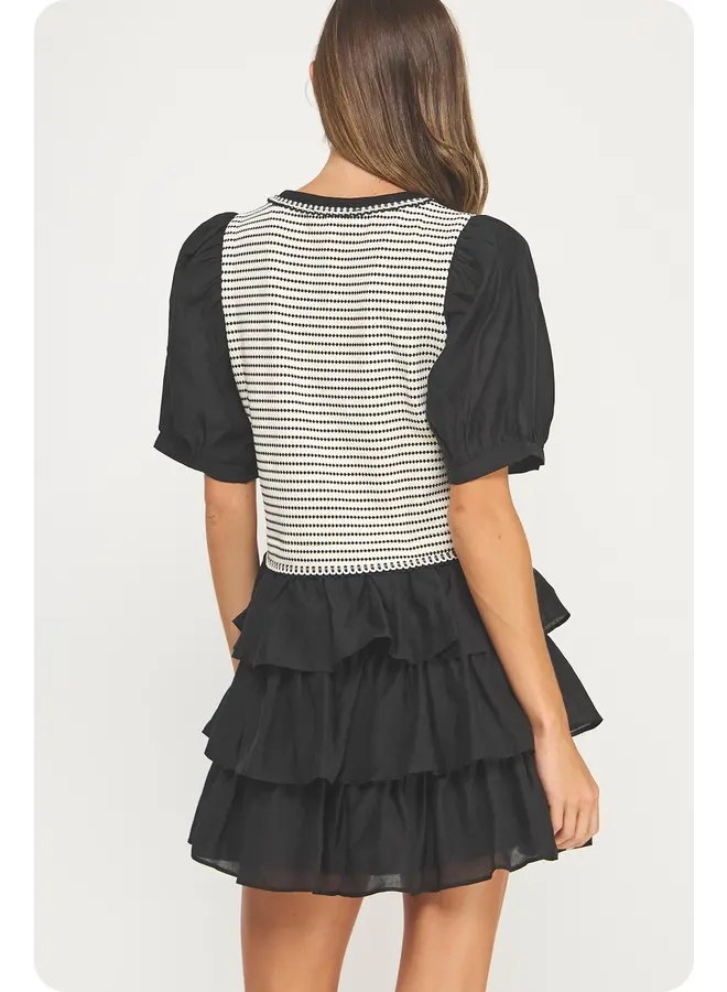 Edge Trim Puff Sleeve Striped Knit Mini Dress Cream/Black