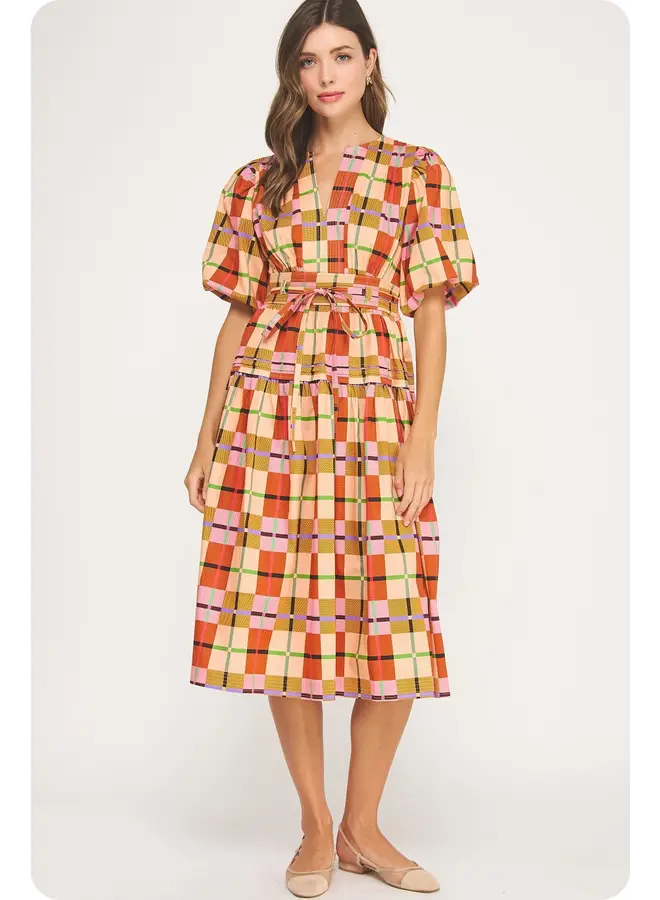 Printed Multi Plaid Midi Dress