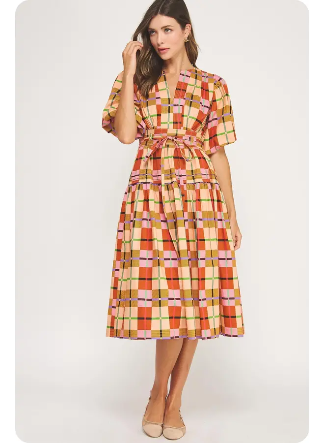 Printed Multi Plaid Midi Dress