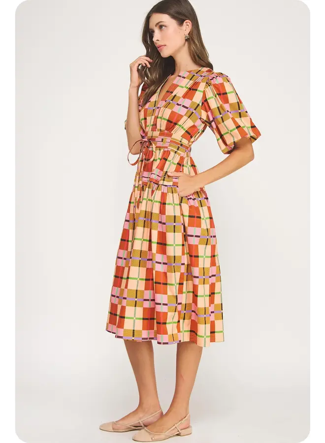 Printed Multi Plaid Midi Dress