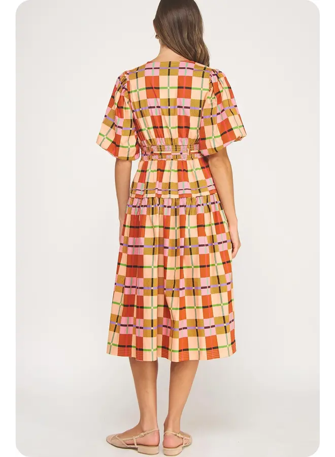 Printed Multi Plaid Midi Dress