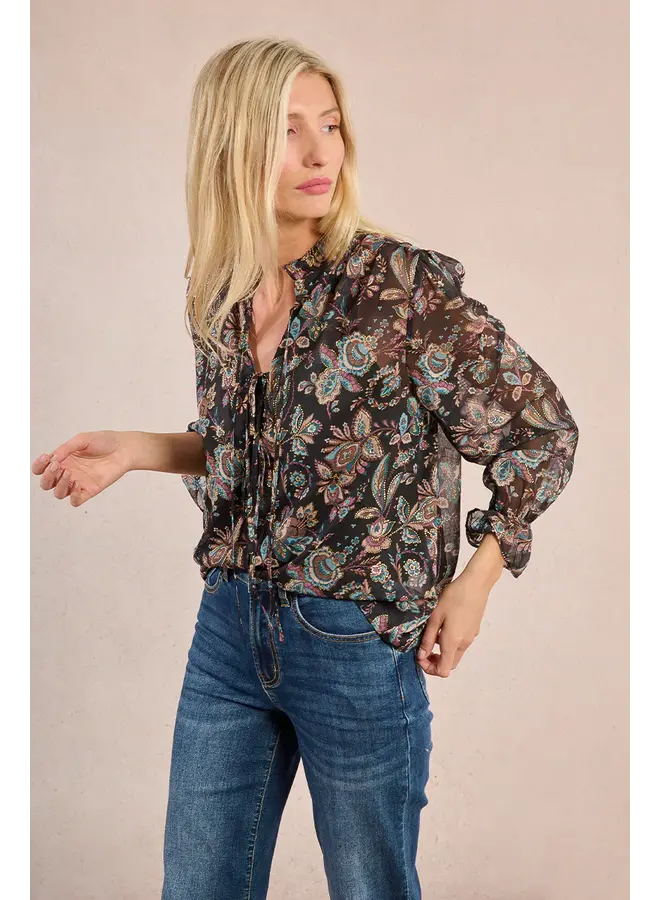 Long Sleeve Printed Blouse w/Tank Black Amalia