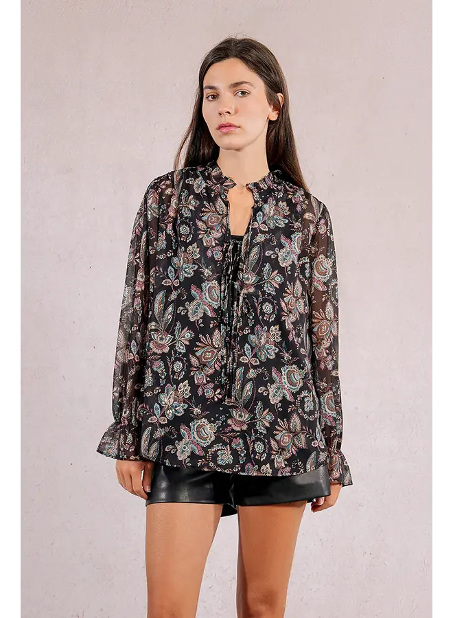 Long Sleeve Printed Blouse w/Tank Black Amalia