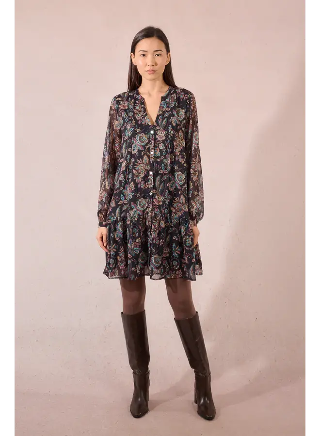 Long Sleeve Printed Dress Black Amalia