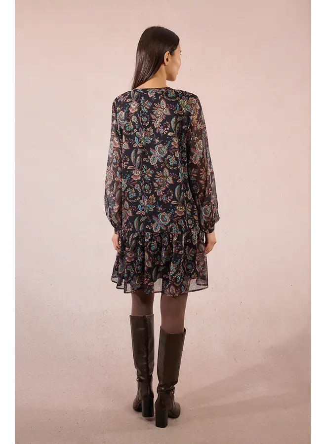 Long Sleeve Printed Dress Black Amalia