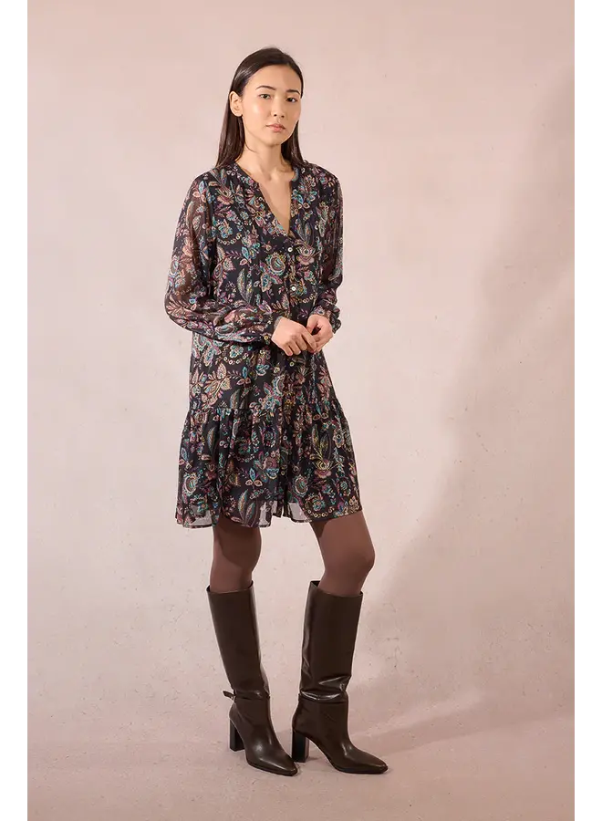 Long Sleeve Printed Dress Black Amalia