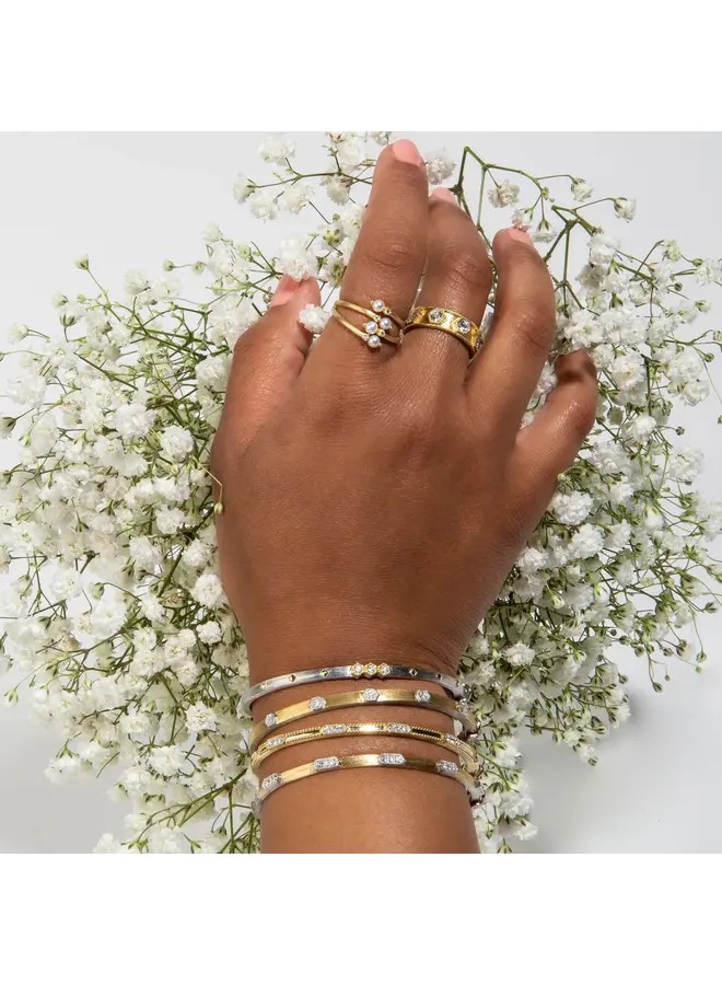 Mixed Metal Elongated Hexagons with Diamonds Bangle