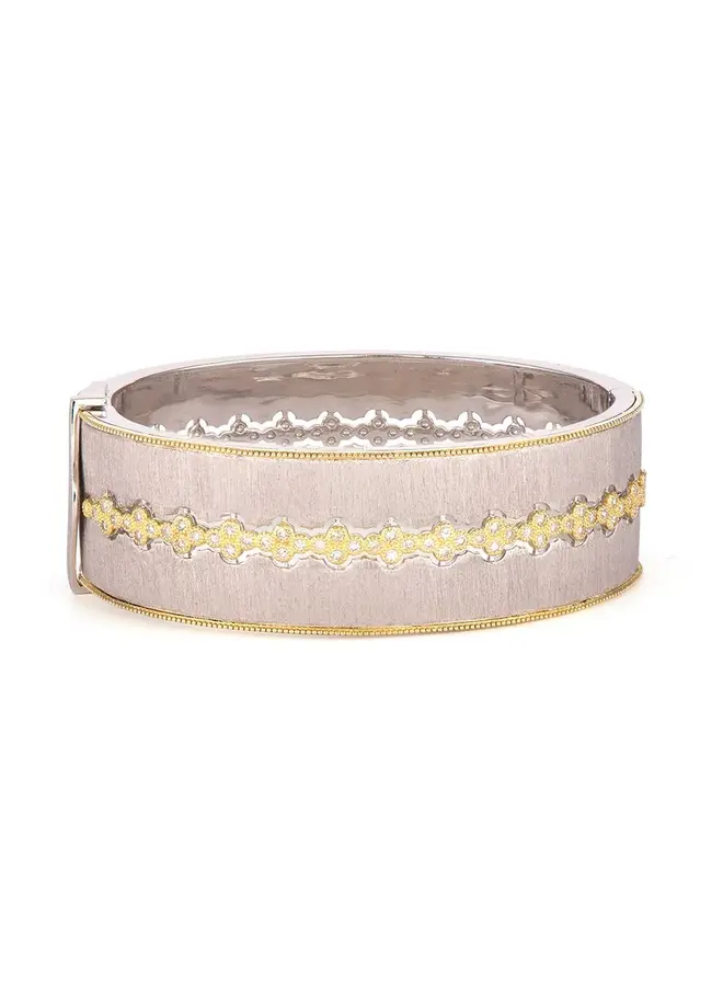 Mixed Metal Wide Band Cigar Style Bangle with White Diamond Quads