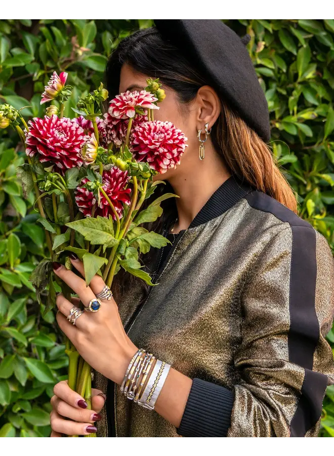 Mixed Metal Wide Band Cigar Style Bangle with White Diamond Quads