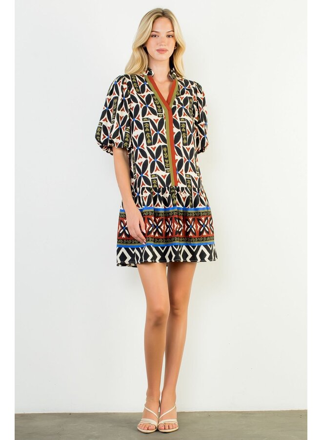Puff Sleeve Print V-Neck Dress