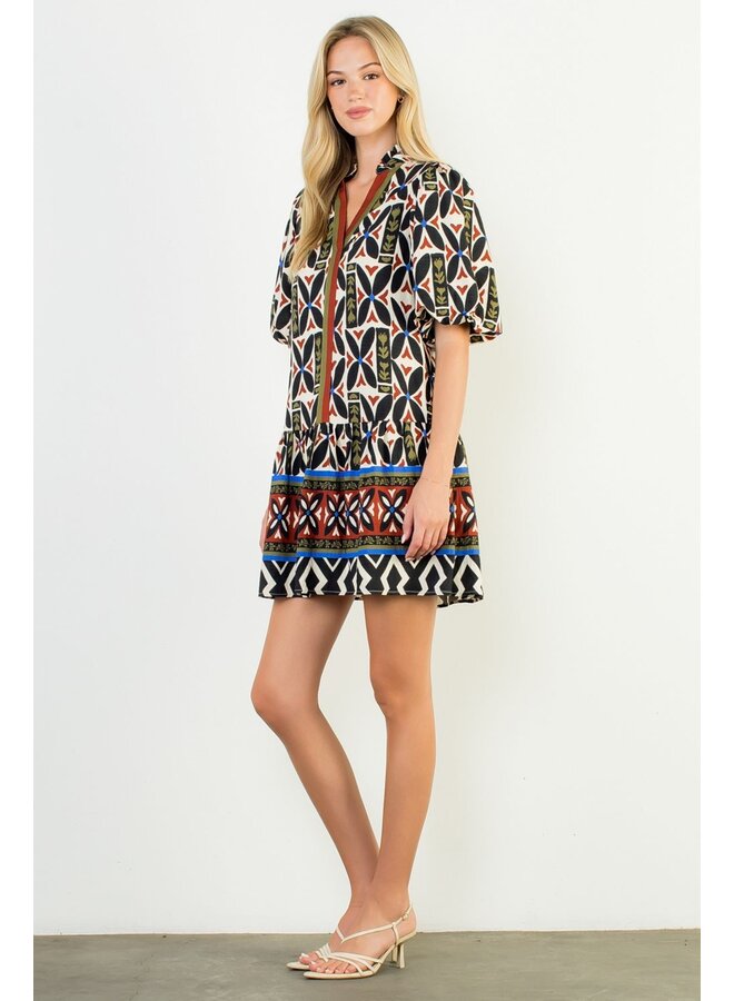 Puff Sleeve Print V-Neck Dress