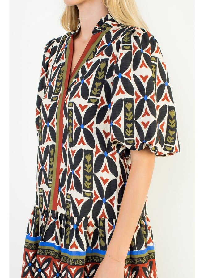 Puff Sleeve Print V-Neck Dress