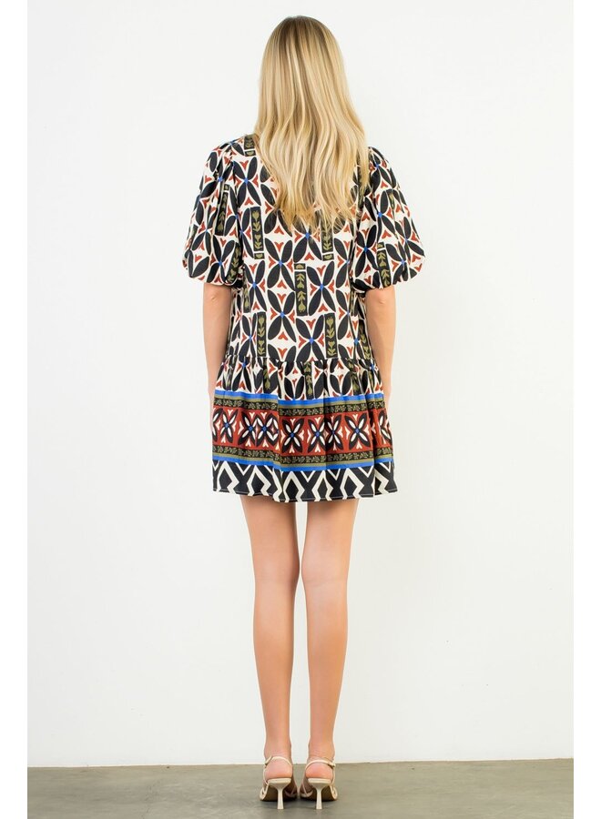 Puff Sleeve Print V-Neck Dress