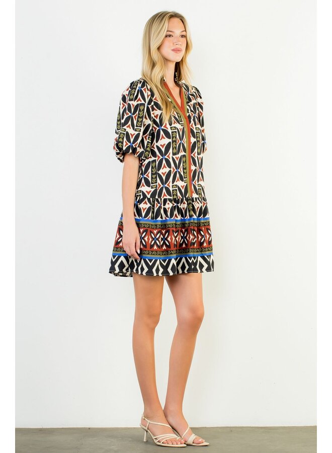 Puff Sleeve Print V-Neck Dress