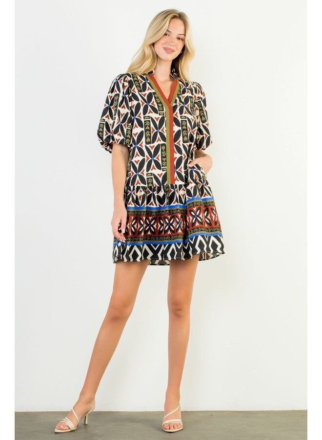 Puff Sleeve Print V-Neck Dress
