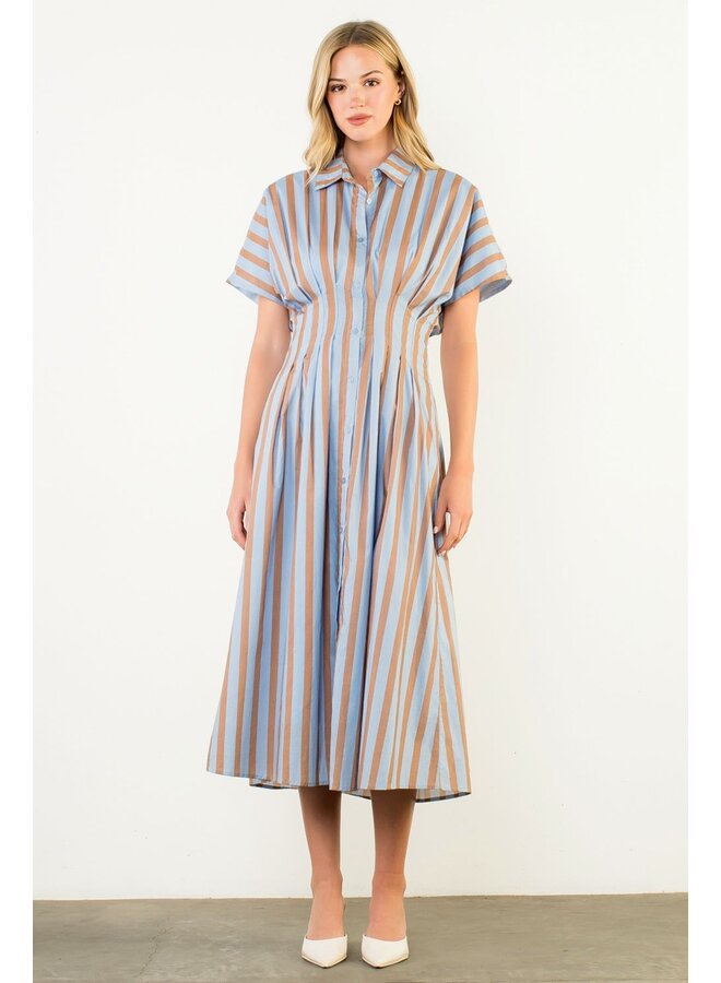 Striped Button Up Maxi Dress Blue & Brown