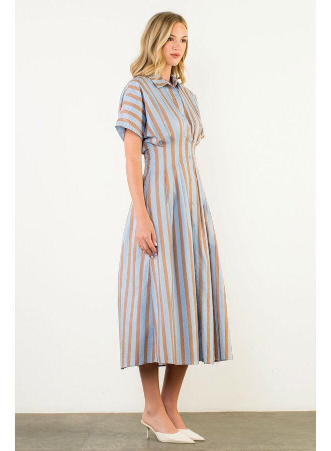 Striped Button Up Maxi Dress Blue & Brown