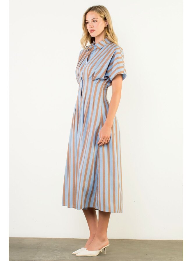 Striped Button Up Maxi Dress Blue & Brown