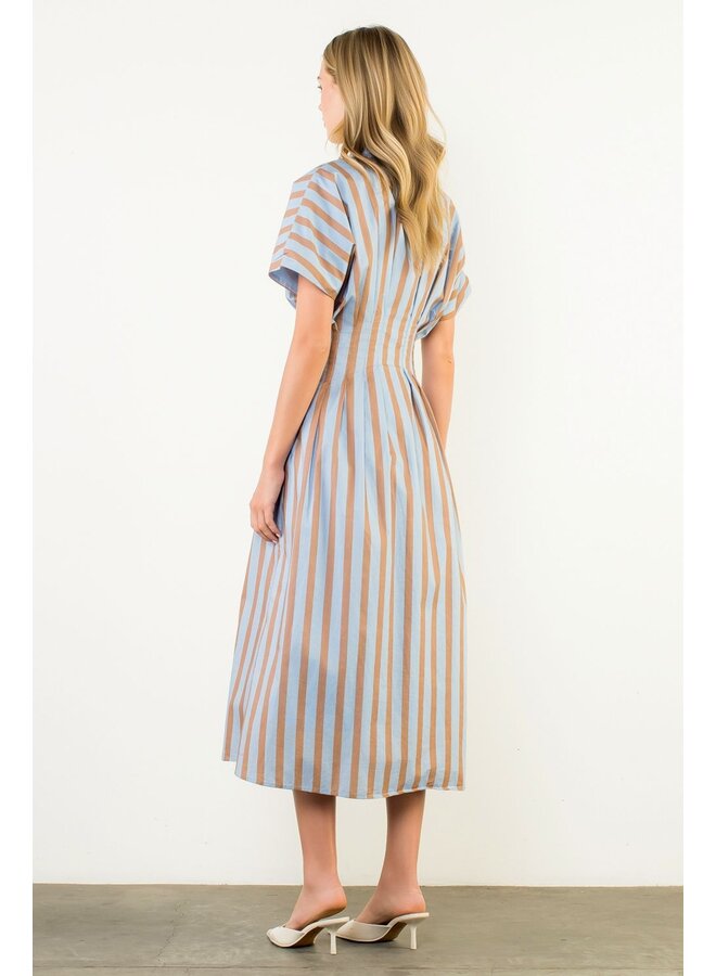Striped Button Up Maxi Dress Blue & Brown