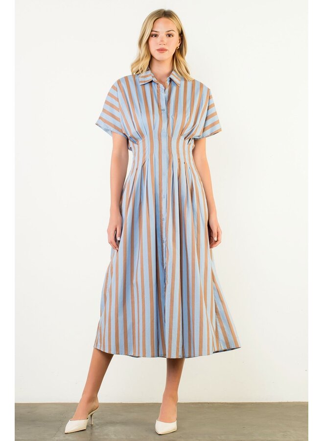 Striped Button Up Maxi Dress Blue & Brown