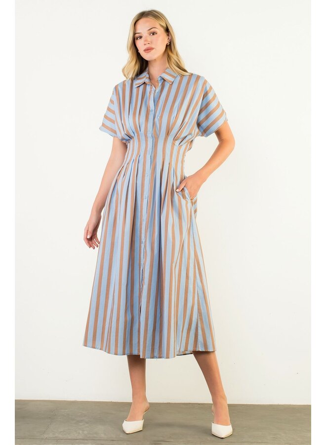Striped Button Up Maxi Dress Blue & Brown
