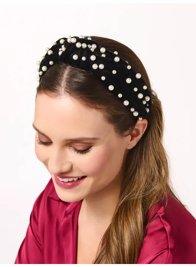 Velvet and Pearls Knotted Headband Black