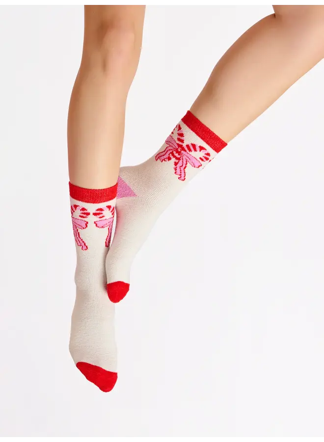 Candy Cane Bow Socks Ivory
