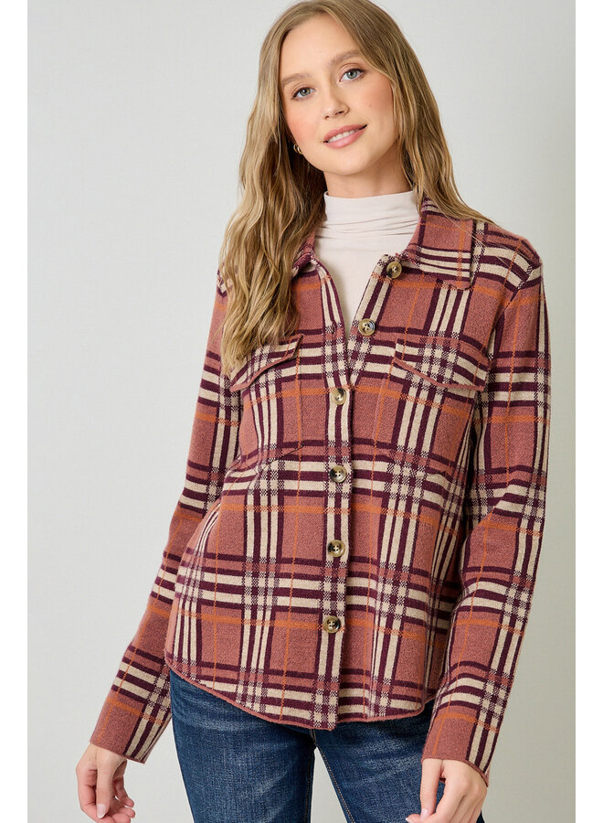 Check Patterned Sweater Jacket Berry