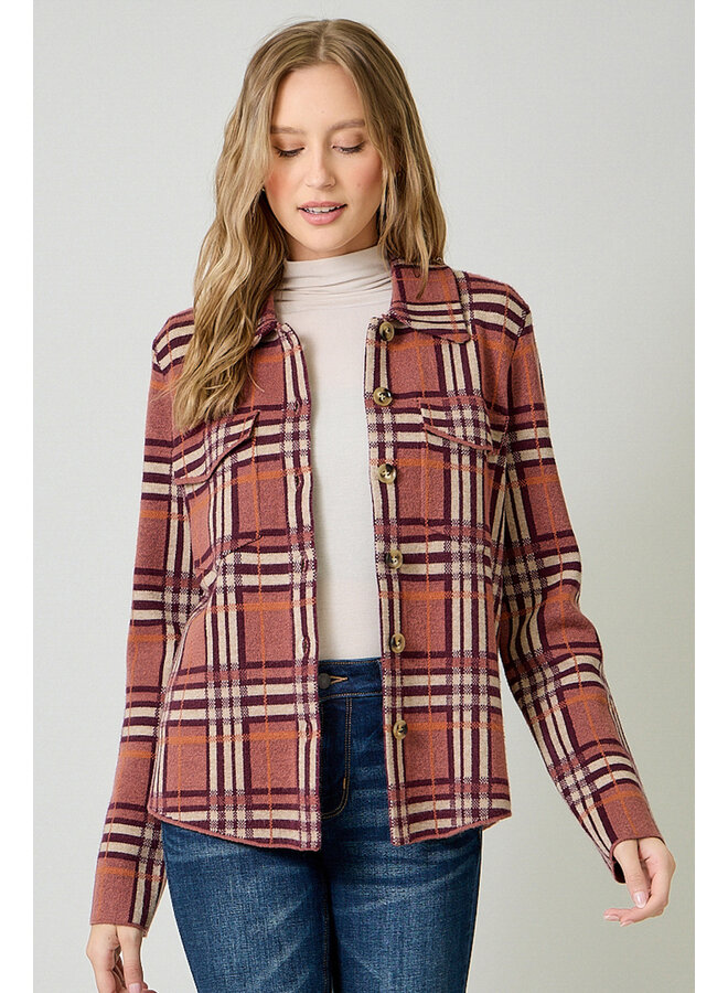 Check Patterned Sweater Jacket Berry