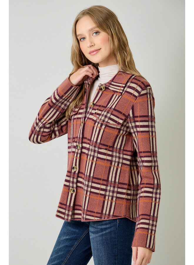 Check Patterned Sweater Jacket Berry