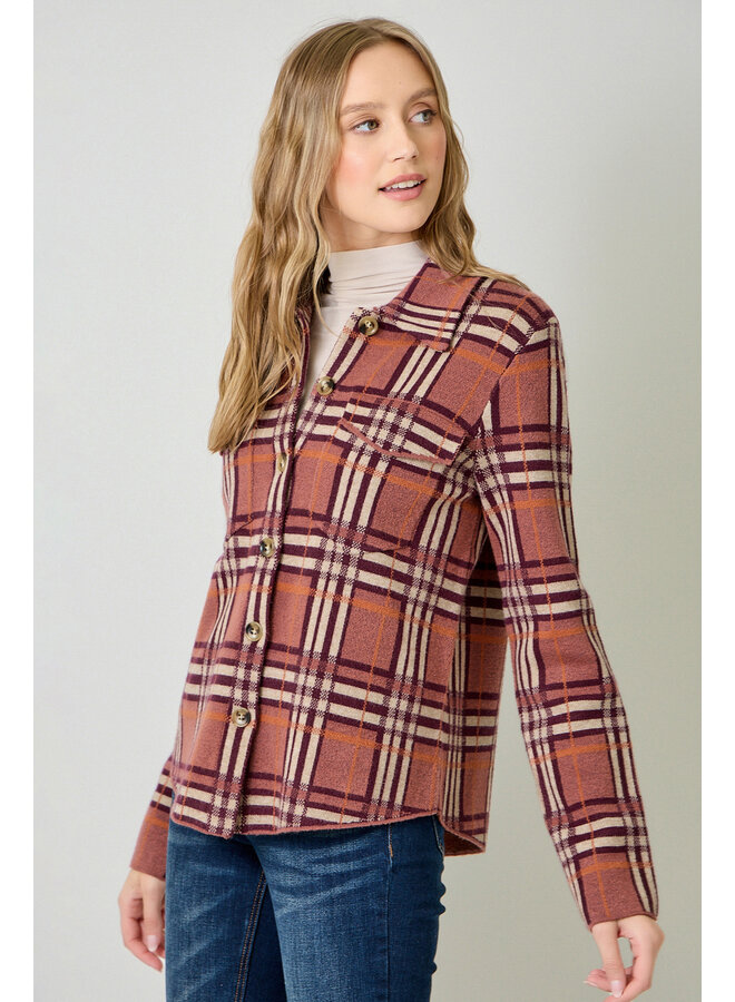 Check Patterned Sweater Jacket Berry