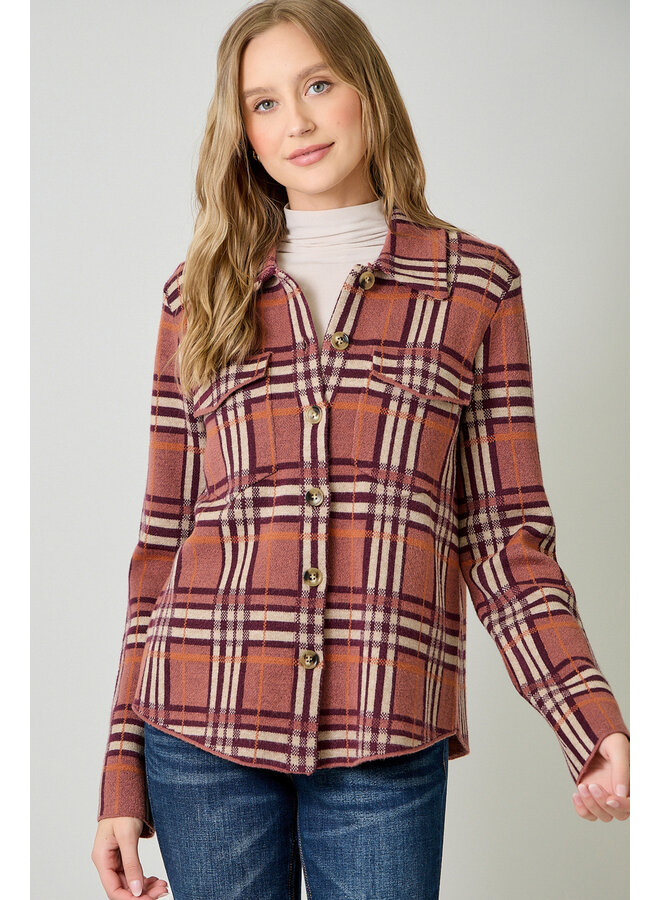 Check Patterned Sweater Jacket Berry